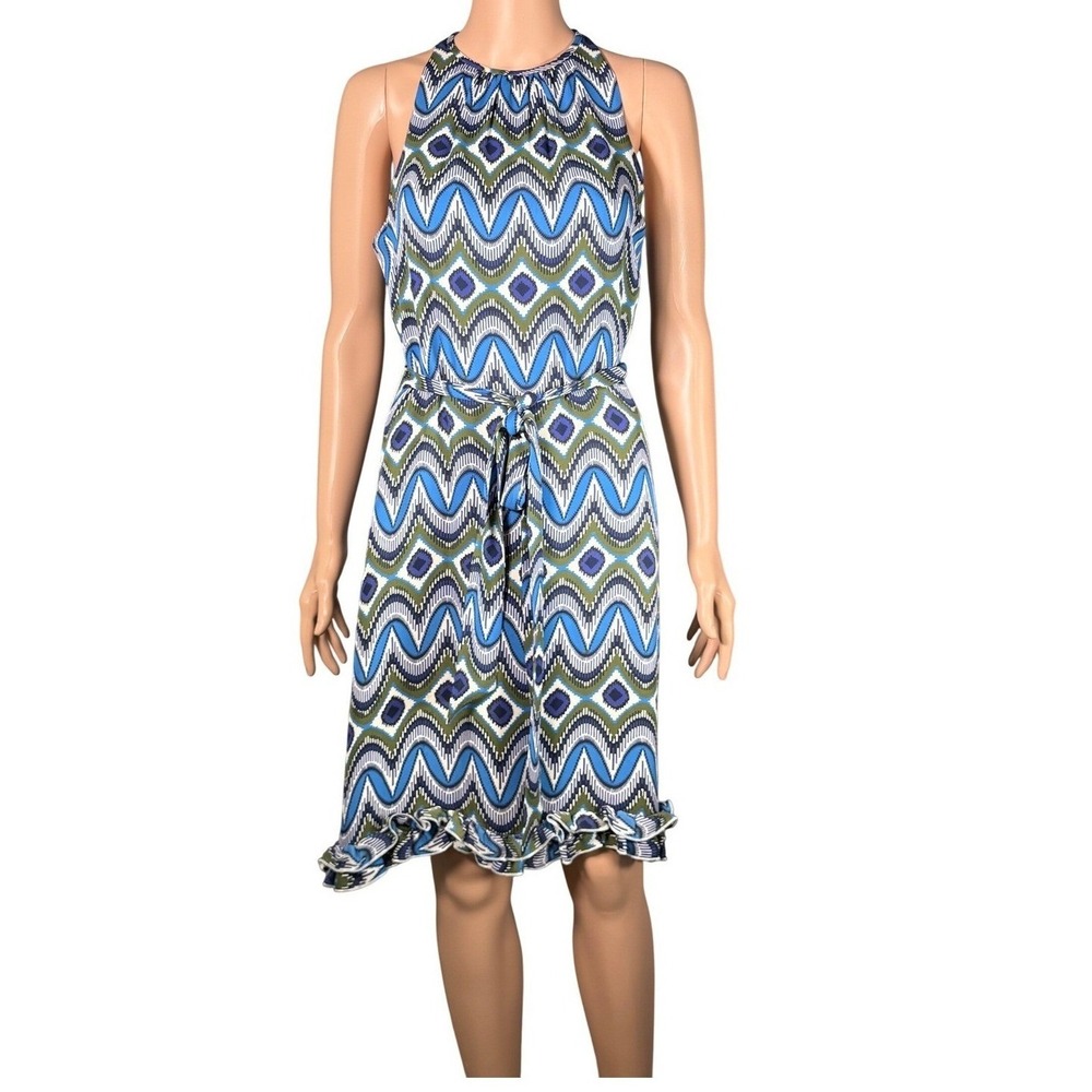 Tory Burch Blue Green Geometric Ikat Silk Sleeveless Ruffle Hem Belted Dress 4